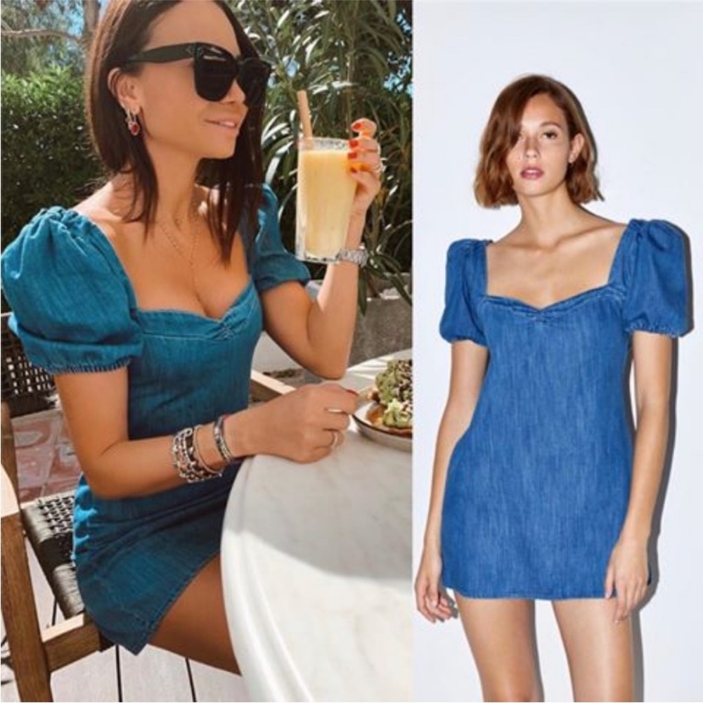 Zara Mini Denim Anna Dress Balloon Sleeve Size S